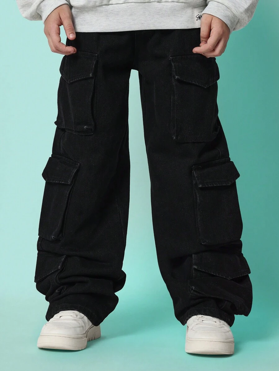 SUMWON Tween Boys Washed Looses Fit Cargo Jean - Black - View 1