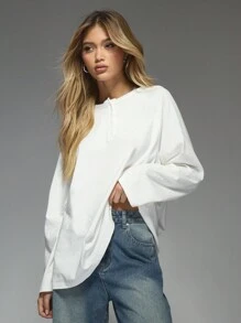 MISSGUIDED Áo thun oversize tay dài viền thô cài nút phía trước - trắng - Xem 1