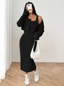 SHEIN EZwear Women's New Autumn Rib Knit Drop Shoulder Button Front Jacket And Tight Mid-Length Dress Set - Black - View 4
