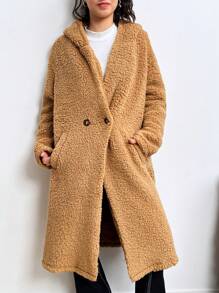 SHEIN 青少年女孩长款连帽休闲棕色泰迪羊毛夹克，可爱外套，返校外套，秋冬