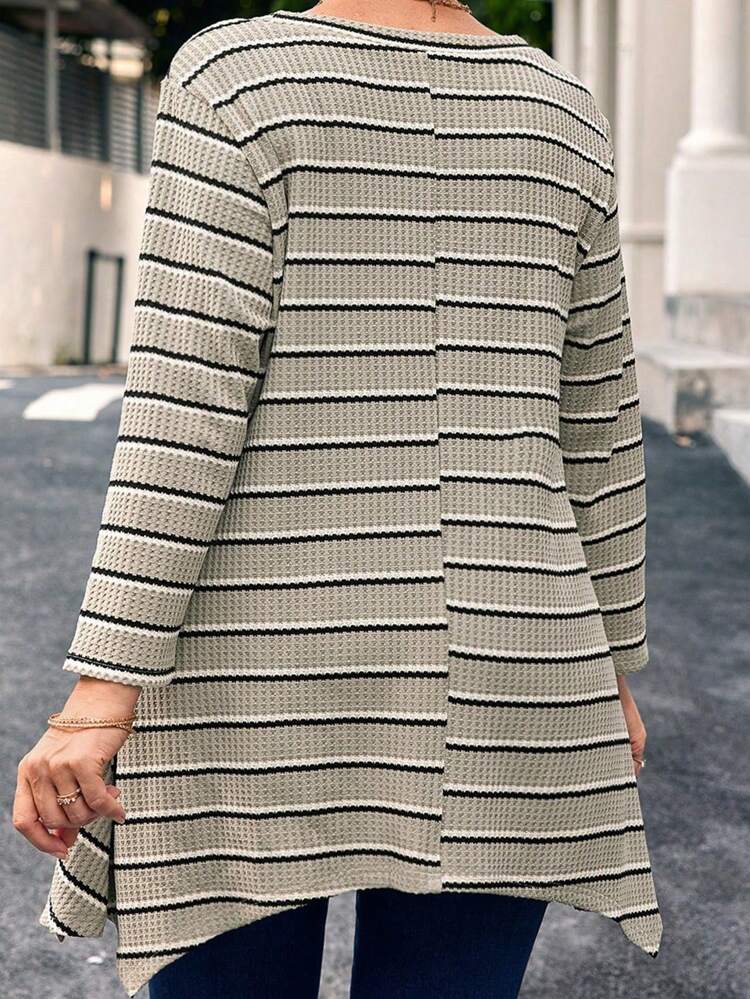 Plus Size Casual Mom Everyday Striped Asymmetrical Hem Long Sleeve T-Shirt, Winter Women Clothes
