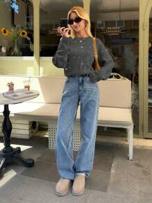 EURMUSE Woman Loose Fit Comfy Warm Rhinestones Detailed Sweater - Grey - View 5