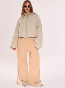 MUSERA Faux Fur Collar Padded Coat - Khaki - View 4