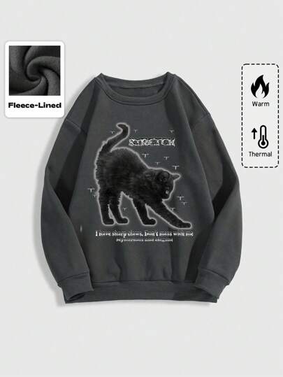 Goth Sweatshirt ample décontracté à manches longues et col rond avec imprimé chat pour femme, hauts à manches longues