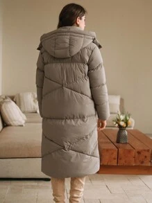 Anewsta 厚款长款连帽横缝女式大衣 - 灰色 - 查看 2