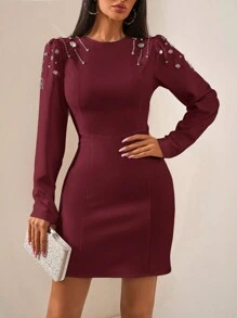 EURMUSE Premium Sprinkled With Sparkling Crystals Embellished Shoulder A-Line Crew Neck Long Sleeve Business To Party Fancy Mini Dress - Burgundy - View 4