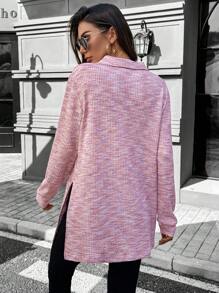 SHEIN LUNE 女士休闲华夫格针织开衩长袖T恤，日常基本款，秋冬冬季女士休闲上衣外出上衣女 - 粉色 - 查看 2