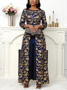 Lunelith SHEIN Lunessa 女士优雅花卉印花拼布连体裤，秋季