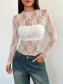 EgrlEra Petite Áo ren hoa nữ viền bèo nhún gợi cảm, cổ tròn tay dài (cắt ngẫu nhiên) - trắng - Xem 3