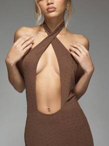 MISSGUIDED Embellished Cut-Out Cross Halter Neck Backless Flare Hem Maxi Dress - Brown - View 6