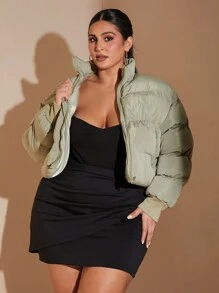 SHEIN BAE Plus Size Women Winter Casual Hiking Sage Green Quilted Front Zipper Wadded Padded Coat,Sweet Girl Patchwork Ribbed Cuff And Collar Warm Short Jacket - Green - View 7