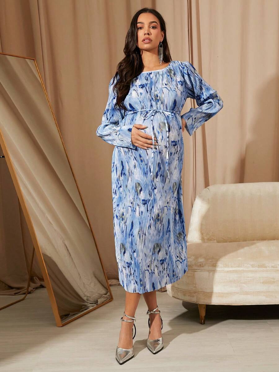 MaterniChic 孕妇婚礼宾客礼服女士派对装白色底边亮片印花长裙，秋季 - 淺藍色 - 查看 1