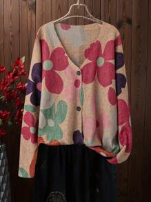 Linhara Women Plus Size Colorful Floral Pattern Drop Shoulder Casual Long Sleeve Knitted Cardigan, For Winter Fall Cloth For Women Autumn - Apricot - View 1