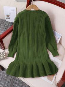 Tween Girl Crew Neck Autumn/Winter Rib Knit Sweater Dress - Army Green - View 2
