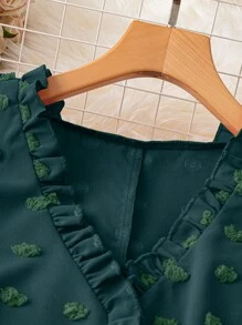 SHEIN LUNE 大码女式提花V领荷叶袖衬衫，秋季/夏季 - 墨綠色 - 查看 3