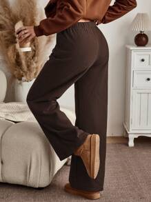 INAWLY 女士纯色抽绳腰阔腿宽松休闲裤 - 咖啡棕 - 查看 1