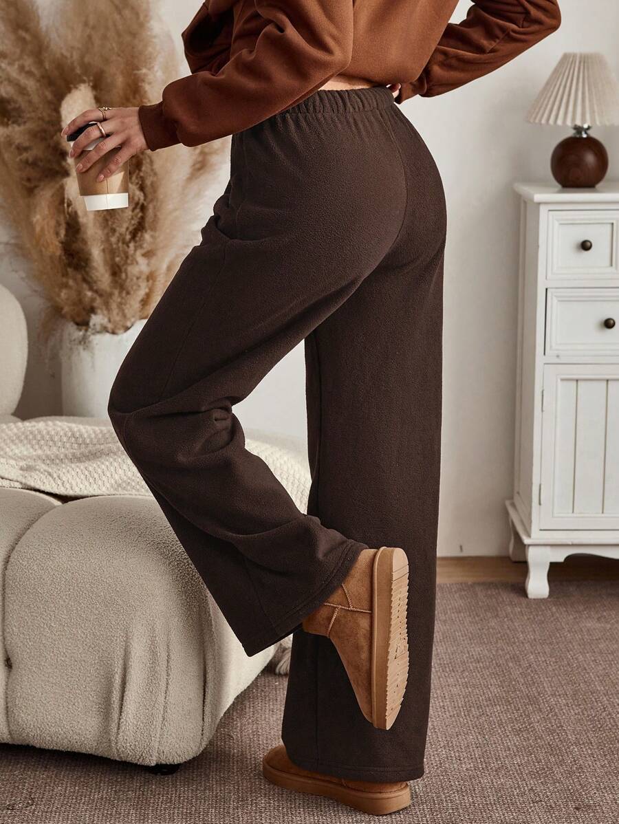 INAWLY 女士纯色抽绳腰阔腿宽松休闲裤 - 咖啡棕 - 查看 1