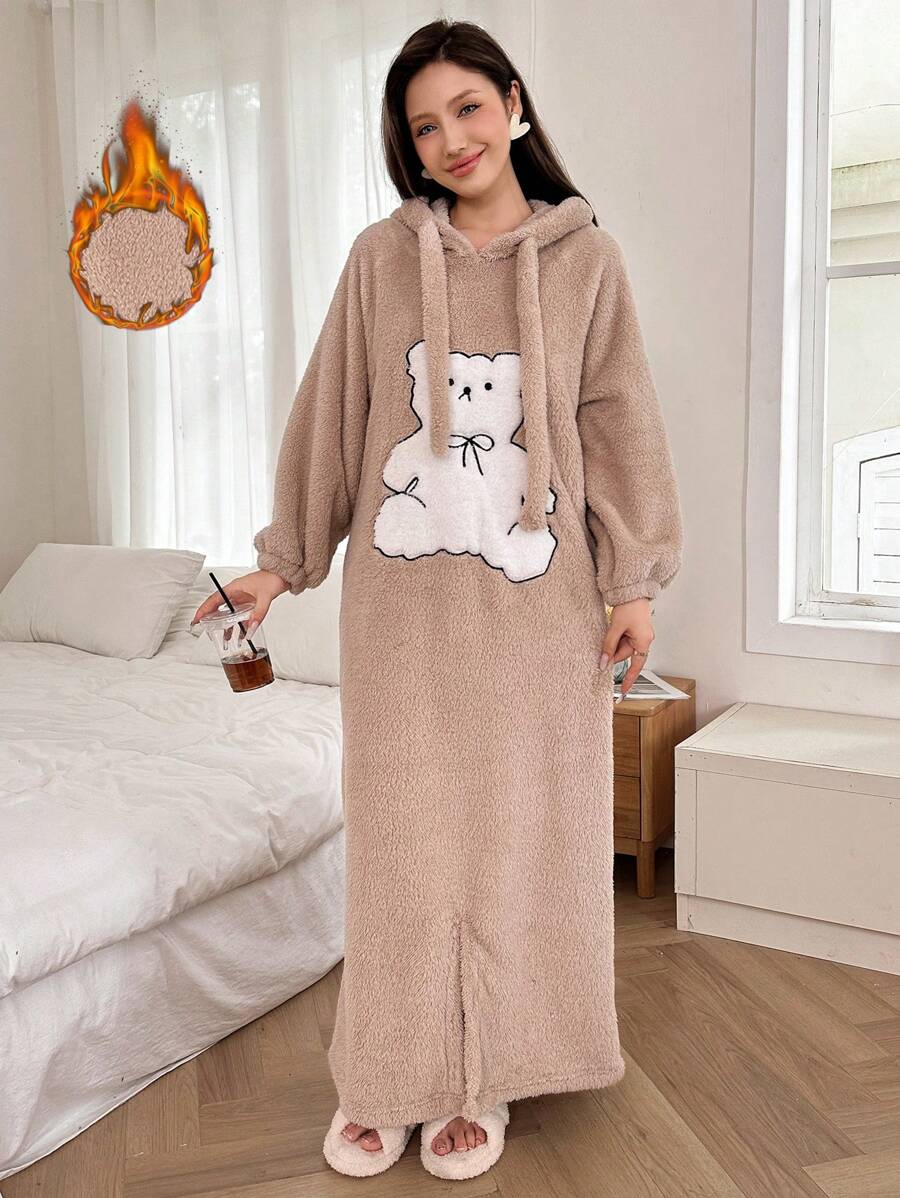 Cute Bear Embroidered Oversized Snap Button Front Jumpsuit Fluffy For Women, For Fall Winter - Khaki - View 1