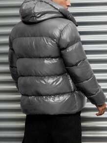 SHEIN Cottnline Men High Collar 2 Zipper Shiny Fabric Regular Padded Coat - Grey - View 2