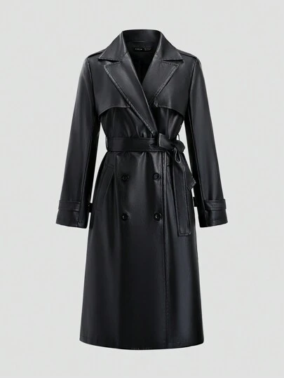 SHEIN Unity 纯色前扣长袖休闲长款 PU 皮革风衣