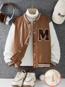 SHEIN Tween Girls Letter Printed Long Sleeve Casual Loose Baseball Jacket, Autumn & Winter ,Bomber Jacket Kids - Mocha Brown - View 1