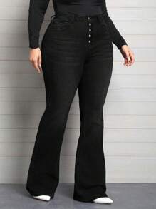 SHEIN Pantalones acampanados de mezclilla de talla grande para mujeres, elásticos, con efecto aterciopelado, color negro, diseño de múltiples botones, sexy, adecuados para otoño/invierno
