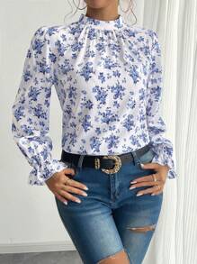 Chiquease Áo cánh dài tay thanh lịch họa tiết hoa xanh kiểu Pháp dành cho nữ, mùa thu - Xanh và trắng - Xem 8