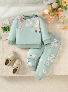 亚洲风格可爱甜美花朵女婴 2 件套服装：圆领运动衫 + 裤子，秋冬季时尚休闲装 - 綠色 - 查看 1