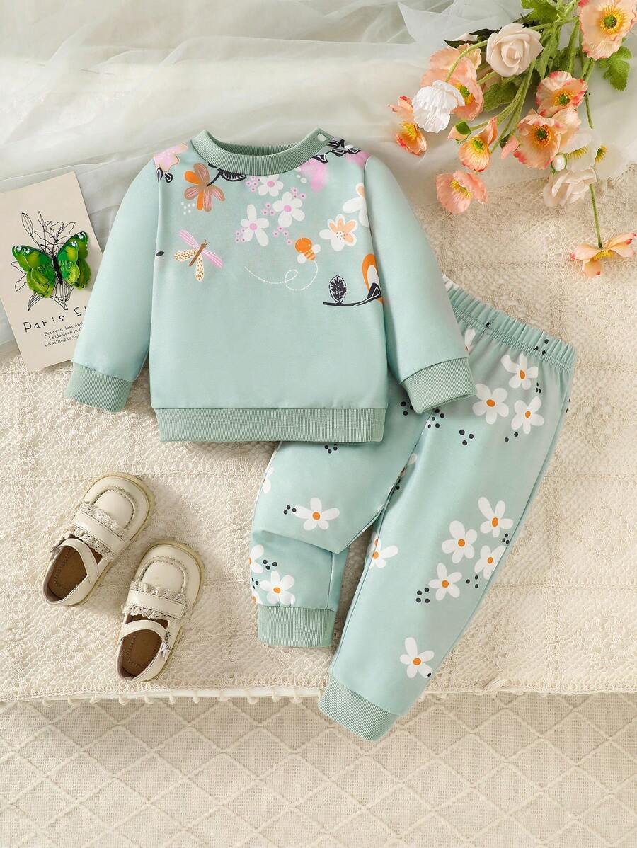 亚洲风格可爱甜美花朵女婴 2 件套服装：圆领运动衫 + 裤子，秋冬季时尚休闲装 - 綠色 - 查看 1