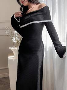 Modelyn Women's Autumn Patchwork Ruffle Trim Colorblock Off-Shoulder Long Sleeve Elegant Dress Long Evening Dresses - Black - View 5