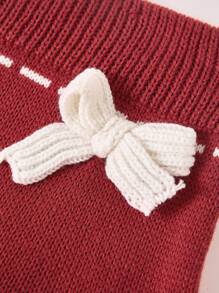 SHEIN Teenage (Gils) Color Blocking Knitted Sweater Dress, Butterfly Decor Double Layer Christmas Party Skirt, Suitable For Autumn/Winter - Red - View 6