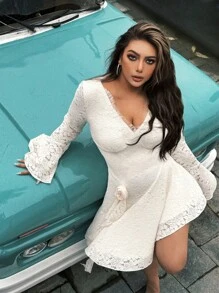 Celure Vestido de encaje con volantes, cuello en V y mangas acampanadas, nuevo lanzamiento de otoño/invierno en talla grande