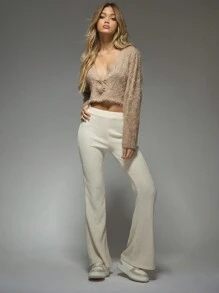 MISSGUIDED Rib Knit Flare Hem Mid Rise Pants - Apricot - View 4