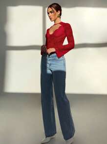 Aloruh 女士红色蕾丝音乐节深 V 领透明性感长袖衬衫 - 紅色 - 查看 4