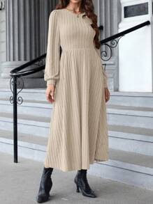 EMERY ROSE 女士圆领红色连衣裙灯笼袖罗纹紧身冬季连衣裙