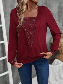 EMERY ROSE Sudadera sencilla de cuello cuadrado y manga larga para mujer, ropa deportiva casual para uso diario