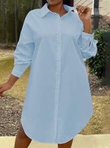 Maweii Plus Size Plain Front Button Closure Long Sleeve Casual Short Dress - Dusty Blue - View 6