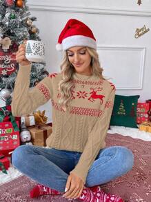 SHEIN LUNE Áo len chui đầu kiểu Âu Mỹ, chất liệu mềm mại, dệt kim 3D họa tiết tuần lộc, phối màu, thích hợp cho mùa thu/đông. - Màu Khaki - Xem 6