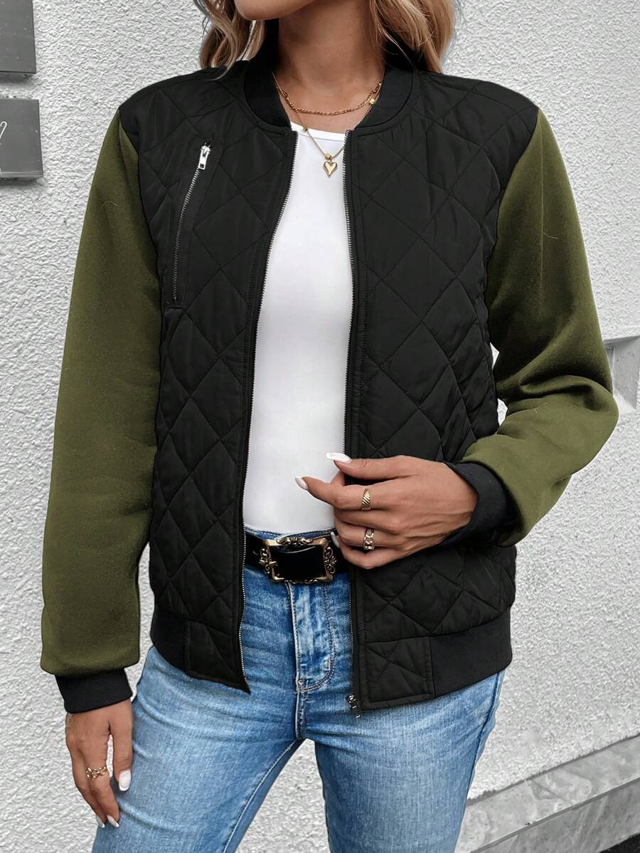 SHEIN LUNE Olivgrüne & Schwarze Farbblock Damen Jacke mit Langarm, geeignet für den täglichen Gebrauch und Outdoor, Bomberjacke für Frauen