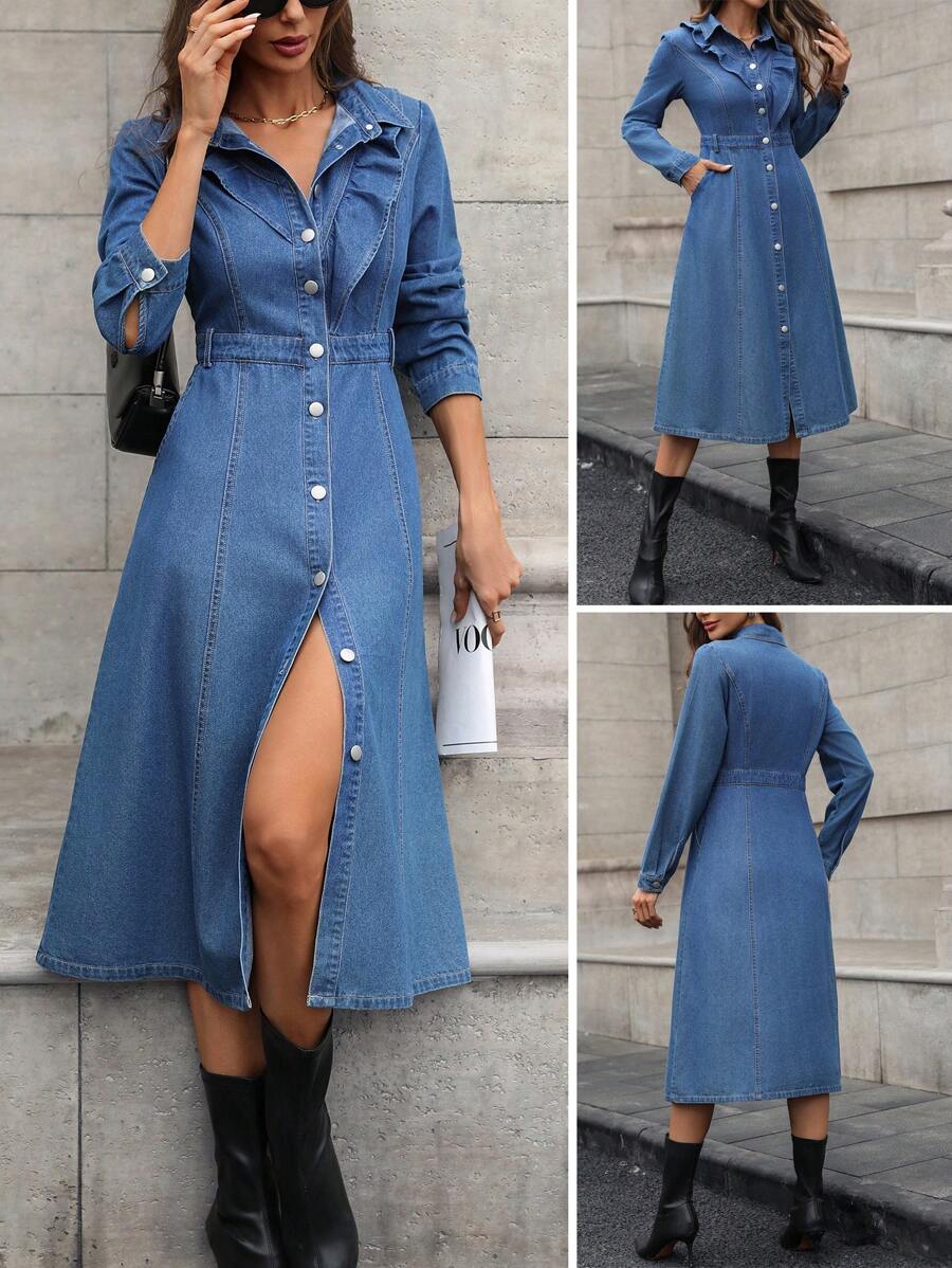 SHEIN LUNE Women's Front Button Long Sleeve Shirt Collar Simple Casual Denim Dress - Dark Wash - View 1