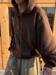 DAZY Áo hoodie nam dáng rộng, vai rớt, có túi kangaroo, dây rút, thích hợp cho kỳ nghỉ, thêu họa tiết. - màu nâu - Xem 3