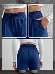 Cottnline Cotton Petite Drawstring Waist Wide Leg Pants - Navy Blue - View 6