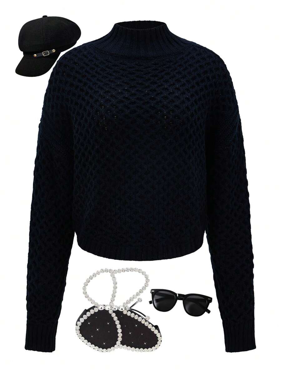 少女秋冬新款针织毛衣，简约时尚休闲日常装 - 黑色 - 查看 1