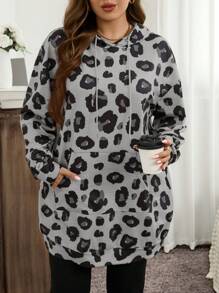 SHEIN LUNE 大码女式豹纹长袖抽绳连帽衫，带口袋，秋季假期新年冬装