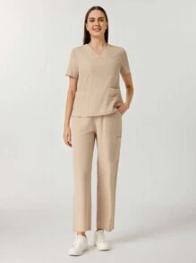 TaskEZ Solid Color Short Sleeve Top & Pants Scrub Uniform Set, Nurse - Khaki - View 6