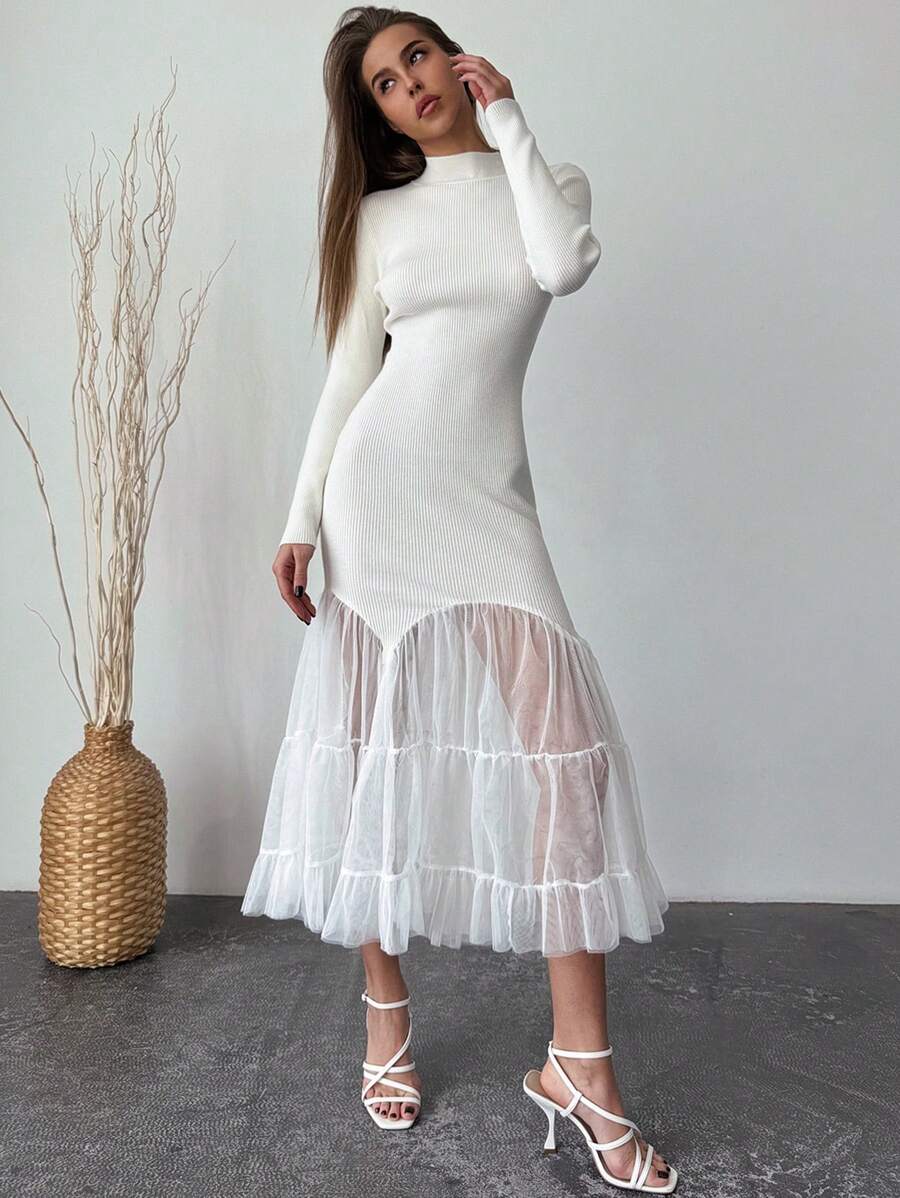 Aloruh 女士合身下摆网眼嵌花鱼尾毛衣连衣裙 - 白色 - 查看 1