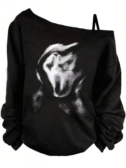 SHEIN EZwear Casual Minimalist Scream Face Graphic Print Asymmetrical Shoulder Long Sleeve Loose Fit Lightweight T-Shirt For Women, Suitable For Spring And Autumn And Winter
