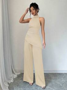 Elenzga 2pcs Set High Neck Asymmetric Hem Top And Wide Leg Pants - Khaki - View 6