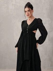 SHEIN Belle Women Elegant Woven Black Hollow Bodycon Long Sleeve Pearl Button Closure Long Dress, Semi Formal Prom Dress, For Birthday, Wedding Guest, Graduation Homecoming - Black - View 3