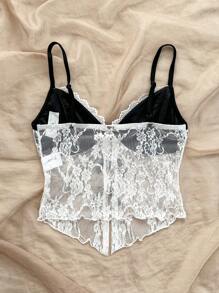 Soleia 女士节日针织蕾丝前镂空开衩上衣，双色精致蝴蝶结装饰，荷叶边领口和下摆，细肩带背心。性感浪漫派对装 - 黑與白 - 查看 2